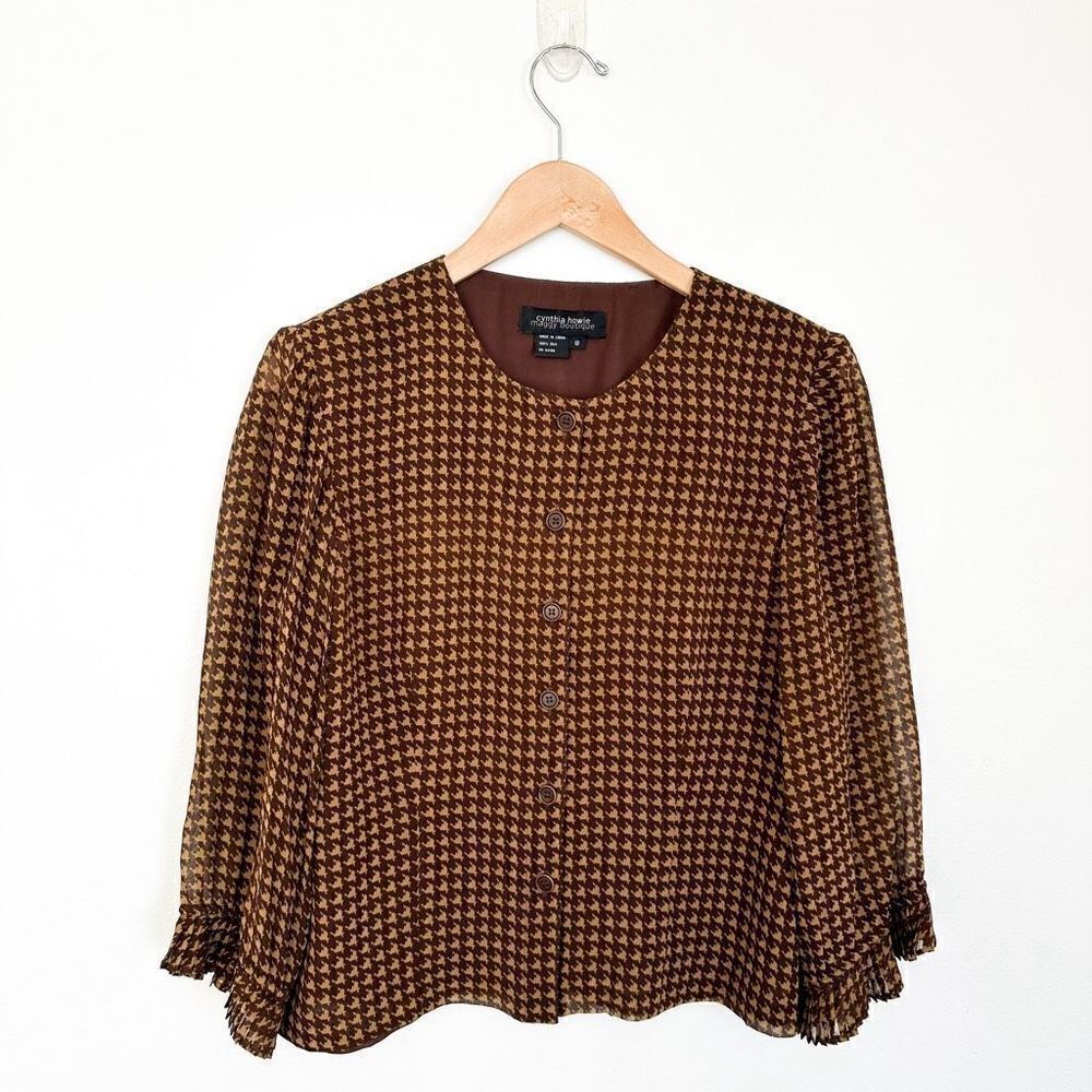Cynthia Howie Maggy Botique Women’s Silk Two Piece Brown Tan Houndstooth Skirt S